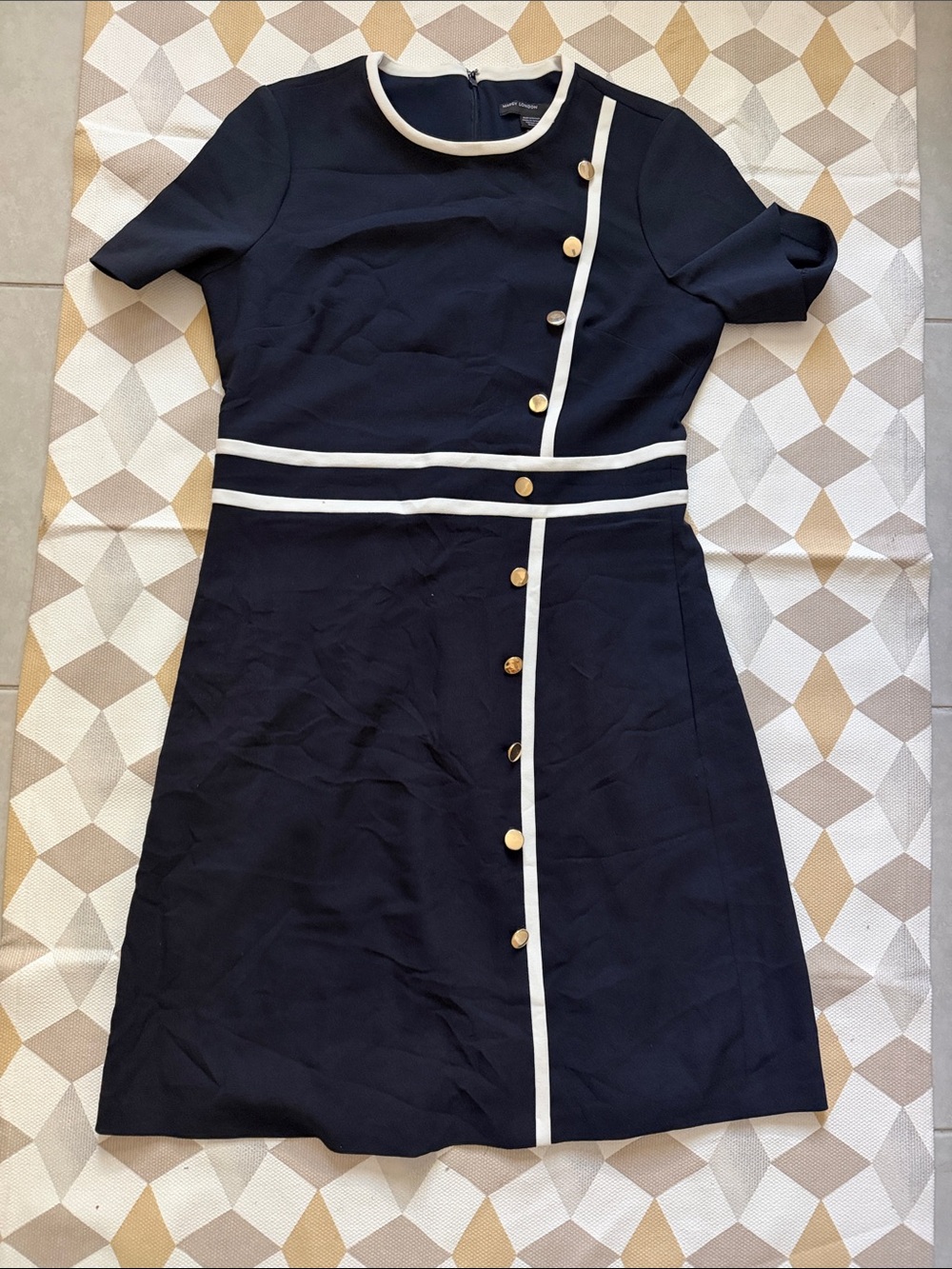 Maggy London Navy Dress with Ivory Trim and Gold Buttons